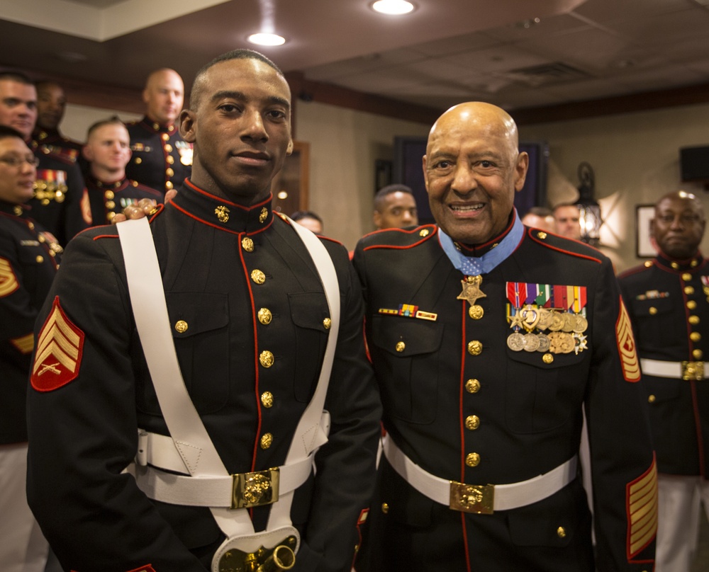 Sgt. Maj. Canley poses for a photo with the Color Sergeant of the Marine Corps Sergeant Francis Frazier