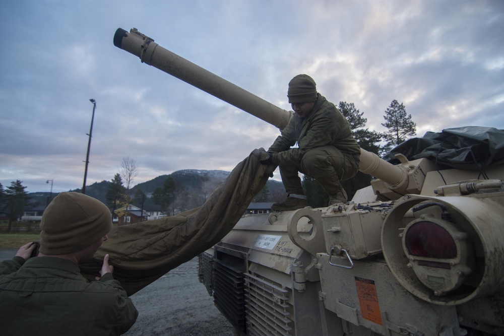 U.S. Marines of 2nd Tank Battalion, 2nd Marine Division, at a bivouac site near Storas, Norway.