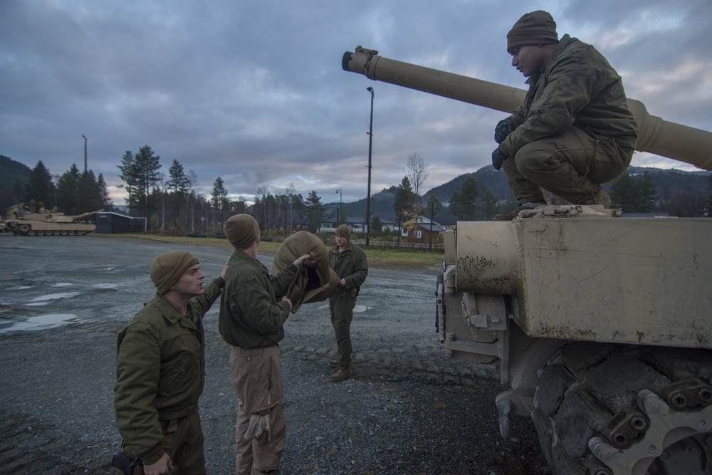 U.S. Marines of 2nd Tank Battalion, 2nd Marine Division, at a bivouac site near Storas, Norway.