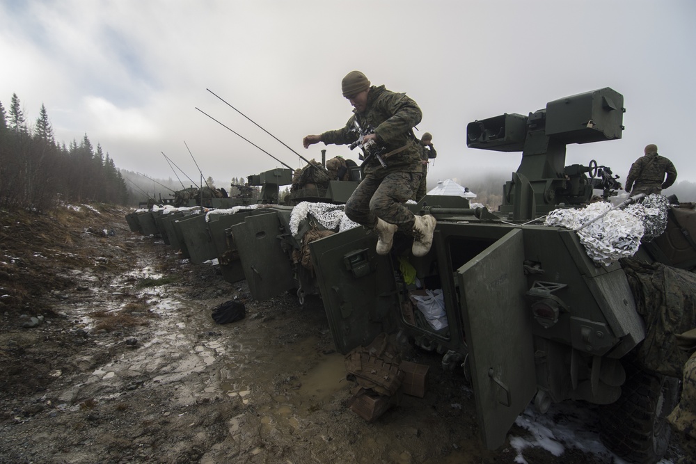 U.S. Marines of the Light Armored Reconnaissance Battalion arrive in Storas, Norway.