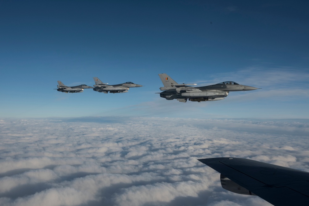 Belgian F-16s fly in formation during Exercise Trident Juncture 18