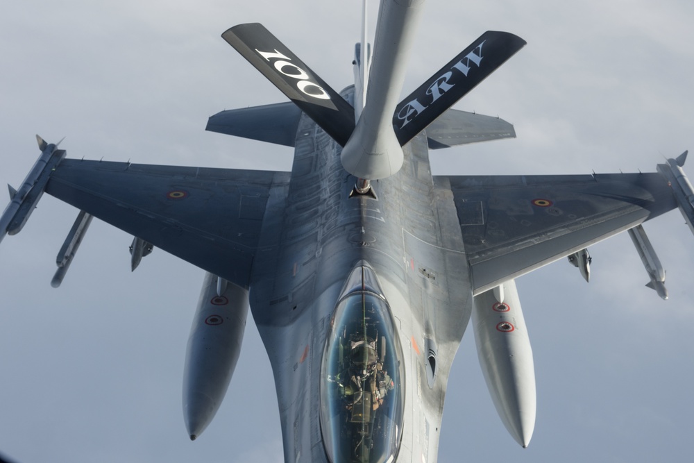 Belgian F-16s fly in formation during Exercise Trident Juncture 18