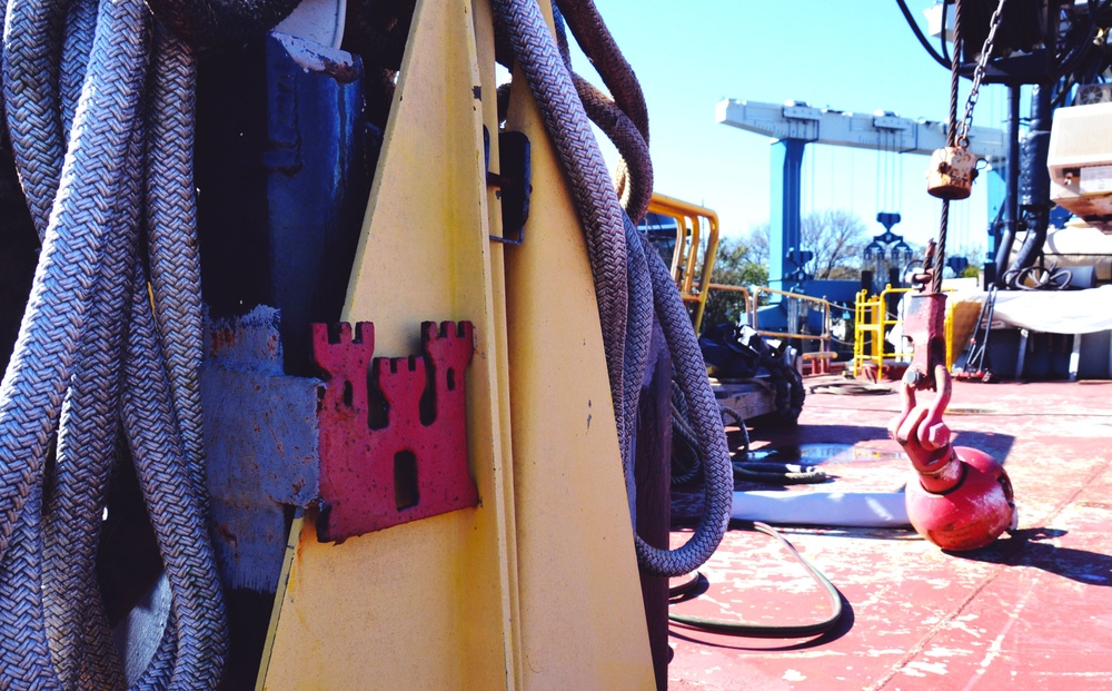 USACE derrick boat Elizabeth docked to prep for continued labor