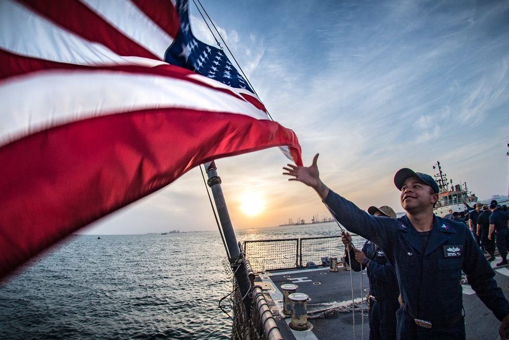 USS Jason Dunham departs Manama, Bahrain