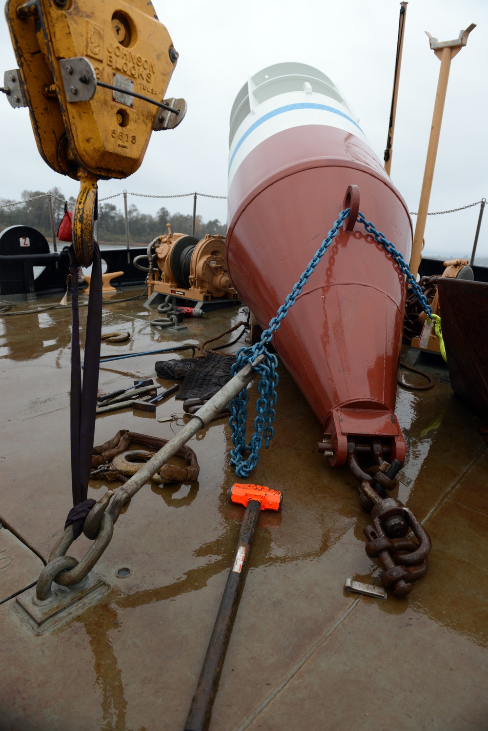 Coast Guard Cutter Bluebell sets mooring buoy at Tongue Point