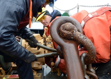 Coast Guard Cutter Bluebell sets a mooring buoy at Tongue Point