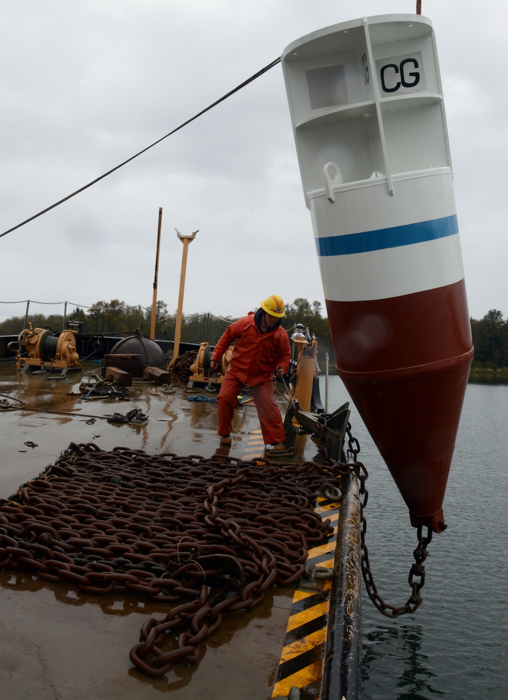 Coast Guard Cutter Bluebell sets a mooring buoy at Tongue Point