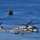 A U.S. Marines heavy-lift helicopter, identifiable as a CH-53E Super Stallion marked 'MARINES 00' and tail number MH-366, flies low over open blue ocean water. Two military landing craft or patrol vessels are visible in the background operating on the water surface. The scene appears to depict a coordinated amphibious military operation or exercise.