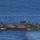 A military landing craft vessel is underway on open blue ocean waters. The vessel features a distinctive multi-tone camouflage paint scheme in brown, green, and grey geometric patterns. A flag is visible on the mast, and the craft appears to be a landing ship tank (LST) or similar amphibious assault vessel.