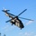 A military helicopter, consistent with an Aerospatiale/Eurocopter AS332 Super Puma or similar variant, is captured in low-level flight against a clear blue sky. The aircraft is in dark olive/green military livery and appears to be flying near power lines with snow-capped mountains and conifer trees visible in the background. The rotor blades show motion blur indicating active flight.