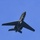 A gray military or government jet aircraft is photographed from below against a clear blue sky. The aircraft appears to be in a banking maneuver, revealing its underside. The image was taken at a significant upward angle, suggesting the aircraft is flying at moderate to high altitude.