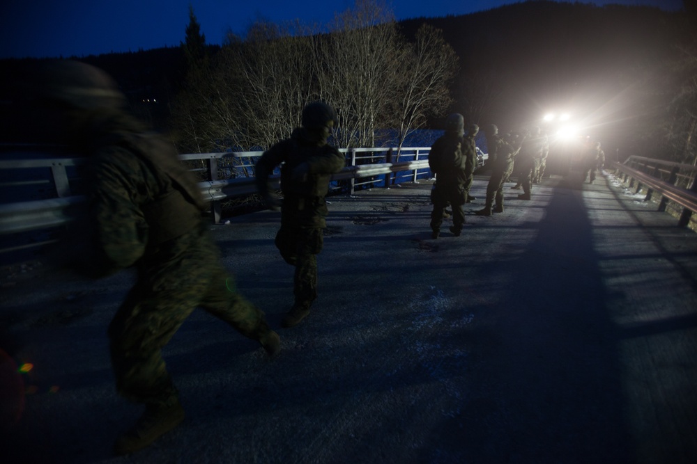 2nd Light Armored Reconnaissance and Norwegian Soldiers Cross Bridge Built by 8th Engineer Support Battalion