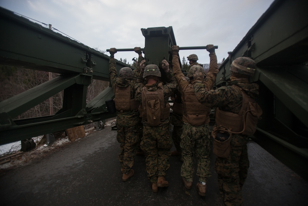 2nd Light Armored Reconnaissance and Norwegian Soldiers Cross Bridge Built by 8th Engineer Support Battalion