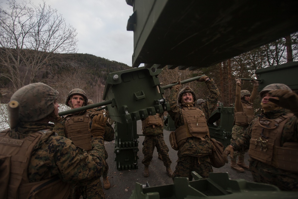 2nd Light Armored Reconnaissance and Norwegian Soldiers Cross Bridge Built by 8th Engineer Support Battalion