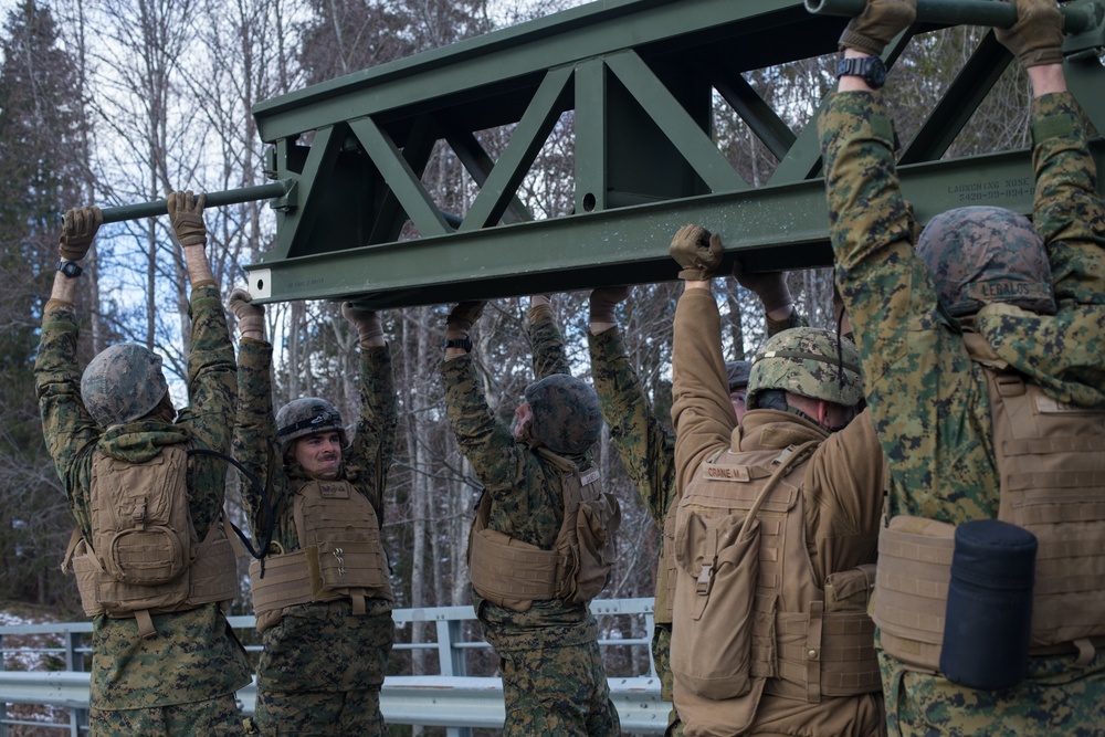 2nd Light Armored Reconnaissance and Norwegian Soldiers Cross Bridge Built by 8th Engineer Support Battalion