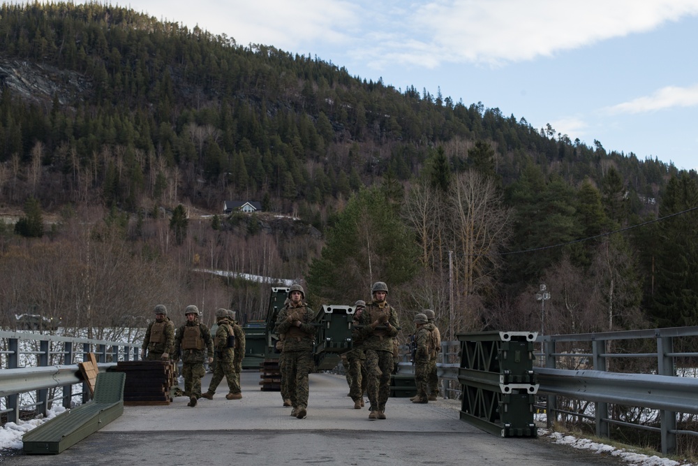 2nd Light Armored Reconnaissance and Norwegian Soldiers Cross Bridge Built by 8th Engineer Support Battalion