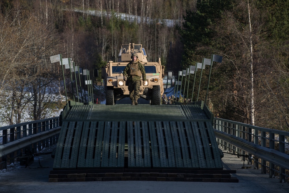 2nd Light Armored Reconnaissance and Norwegian Soldiers Cross Bridge Built by 8th Engineer Support Battalion