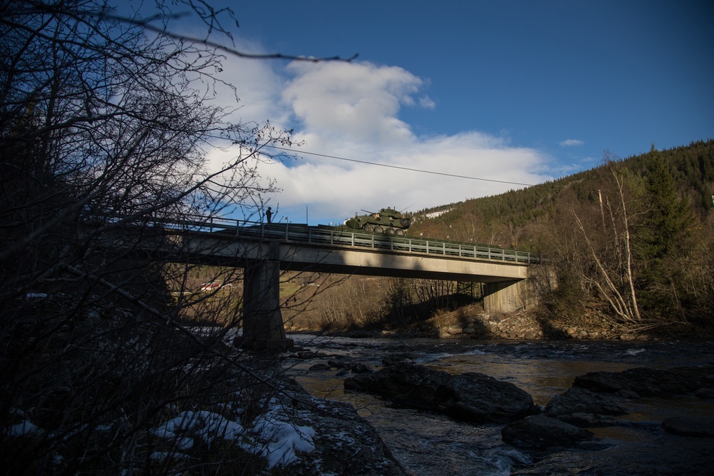 2nd Light Armored Reconnaissance and Norwegian Soldiers Cross Bridge Built by 8th Engineer Support Battalion