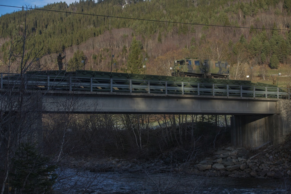 2nd Light Armored Reconnaissance and Norwegian Soldiers Cross Bridge Built by 8th Engineer Support Battalion