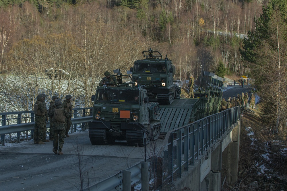 2nd Light Armored Reconnaissance and Norwegian Soldiers Cross Bridge Built by 8th Engineer Support Battalion