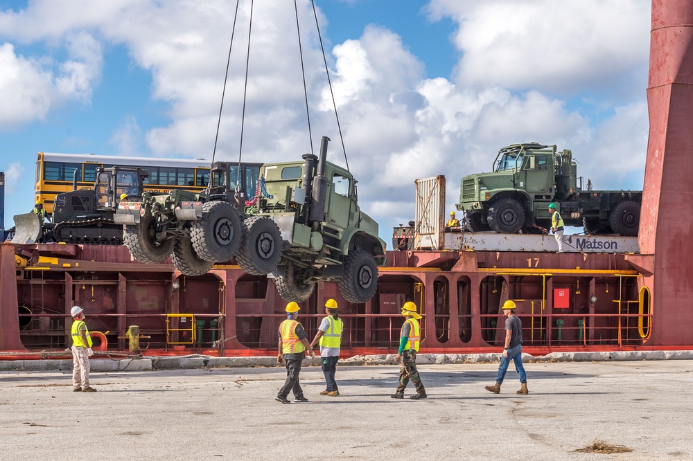 NMCB 1 Offloads Heavy Equipment in Tinian