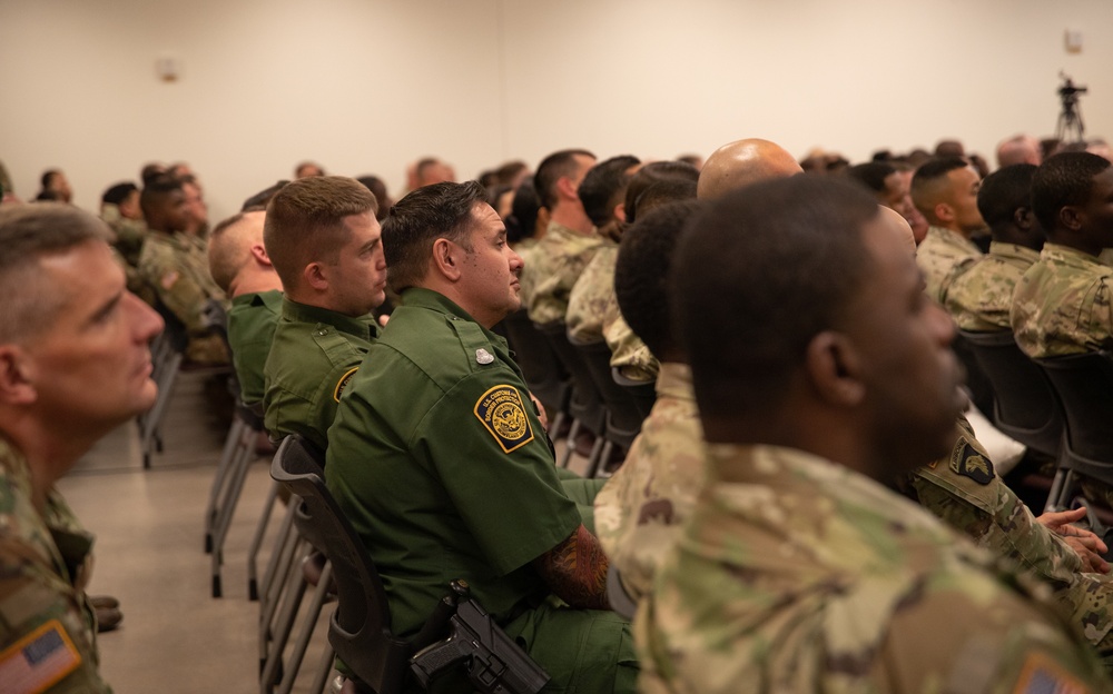 Soldiers and CBP Officers and Agents attend Joint Reception, Staging, Onward Movement, and Integration (JRSOI) Briefing