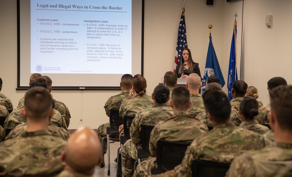 Soldiers and CBP Officers and Agents attend Joint Reception, Staging, Onward Movement, and Integration (JRSOI) Briefing