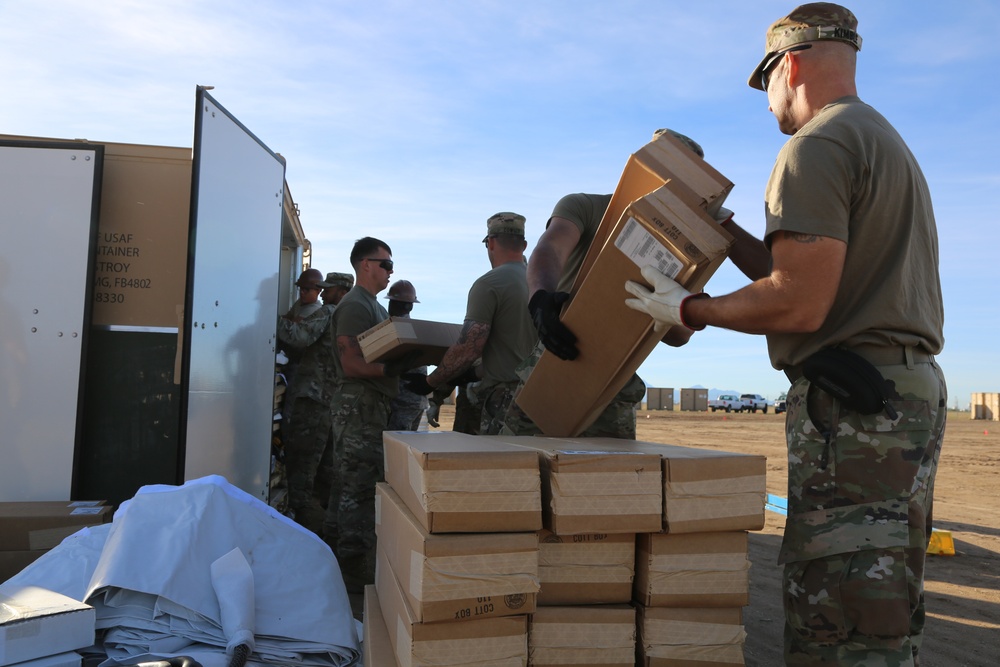 Soldiers prepare for building tent city at Davis-Monthan, AFB