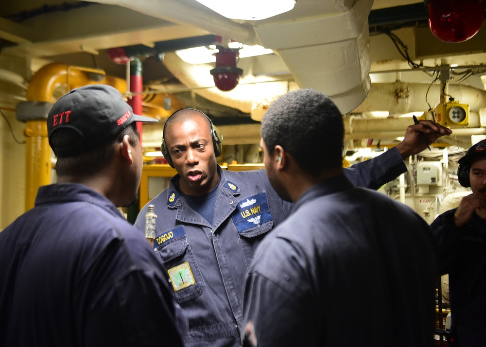USS Blue Ridge Sailors participate in fire drill