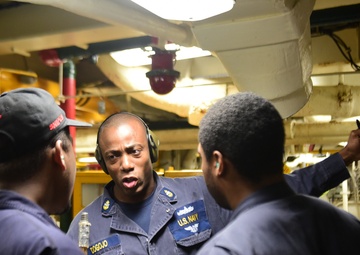 USS Blue Ridge Sailors participate in fire drill