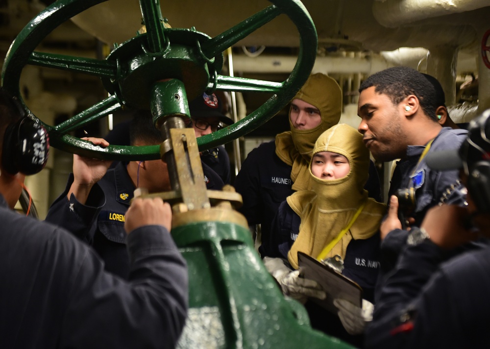 USS Blue Ridge Sailors participate in fire drill