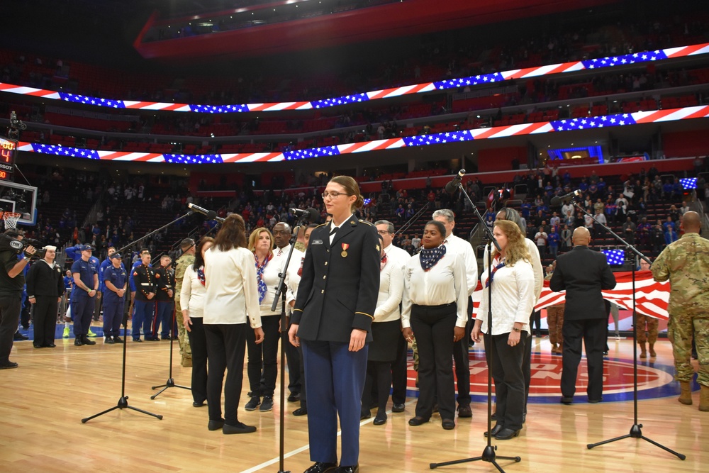 Army National Guard and Reserve sing National Anthem at Hoops for Troops Detroit Pistons Game