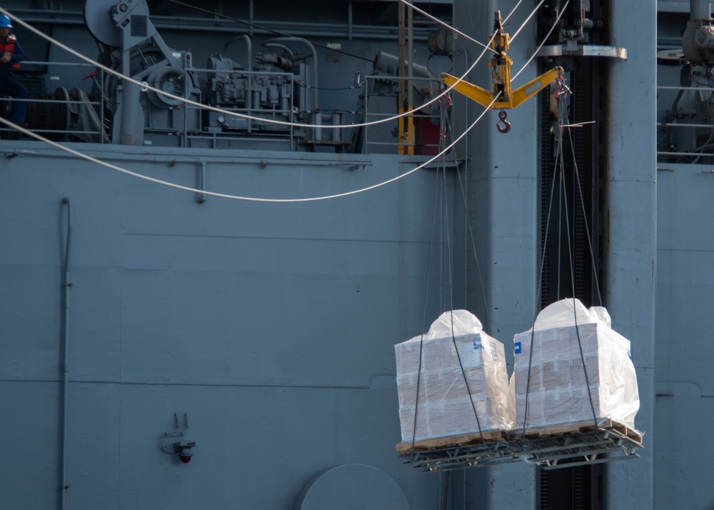 Cargo from the dry cargo and ammunition ship USNS Charles Drew (T-AKE 10) makes its way towards the Nimitz-class aircraft carrier USS John C. Stennis (CVN 74) via a skid.