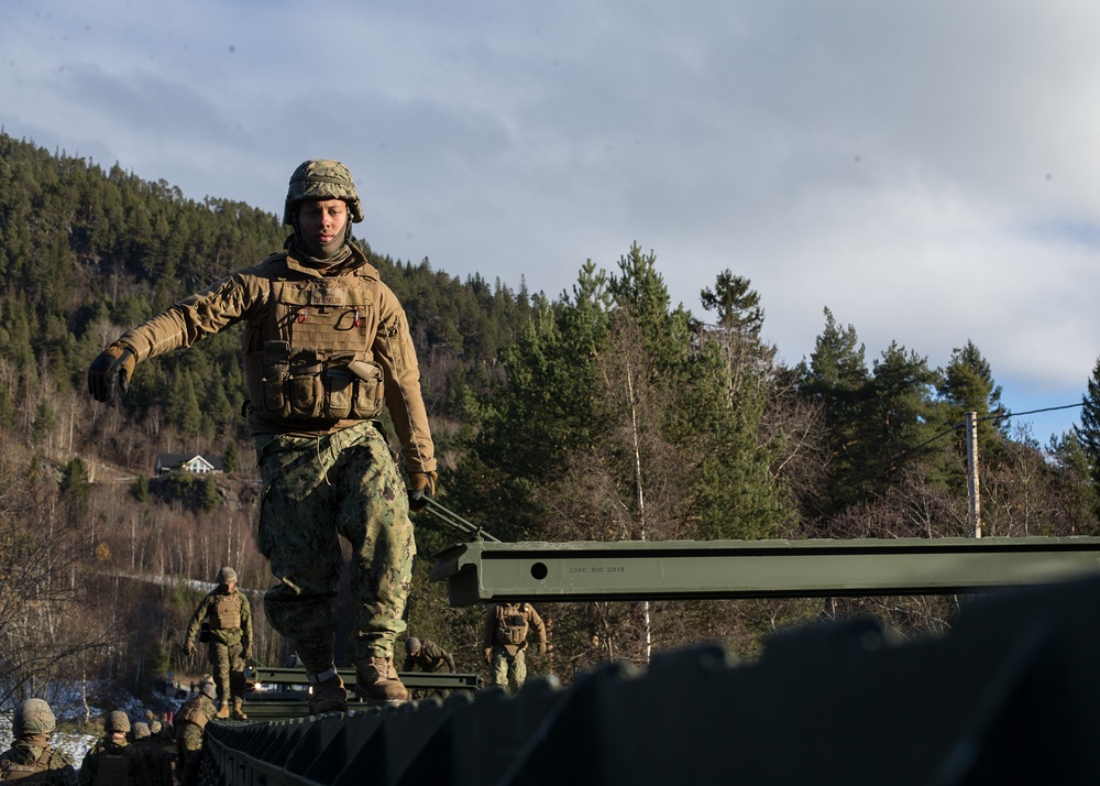 2nd Light Armored Reconnaissance and Norwegian Soldiers Cross Bridge Built by 8th Engineer Support Battalion