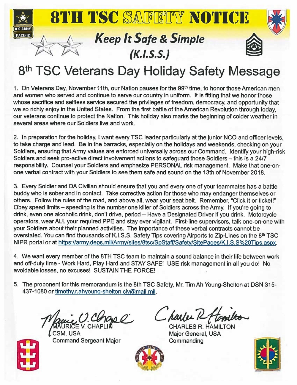 8th TSC Veteran's Day Holiday Safety Message
