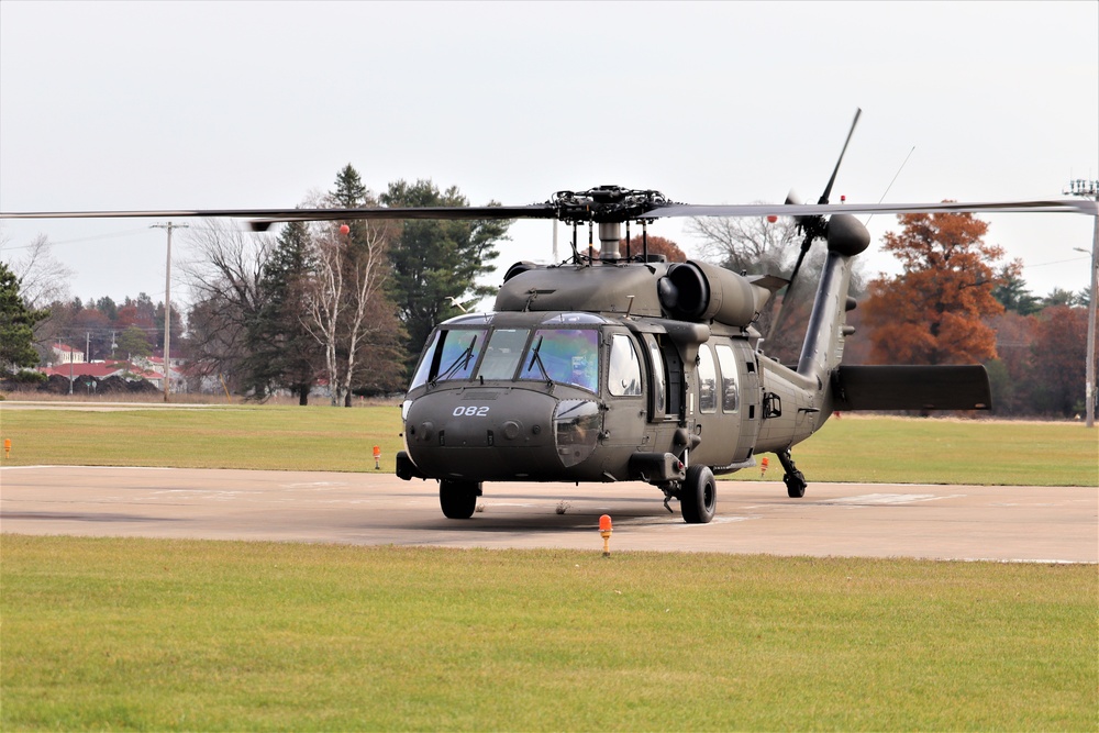 A UH-60 Blackhawk helicopter at the headquarters helo pad at Fort McCoy, Wis.