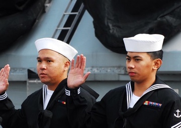 USS Wisconsin (BB 64) hosts a naturalization ceremony for service members