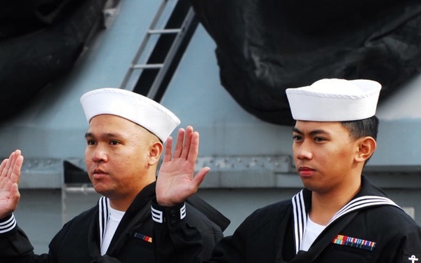 USS Wisconsin (BB 64) hosts a naturalization ceremony for service members