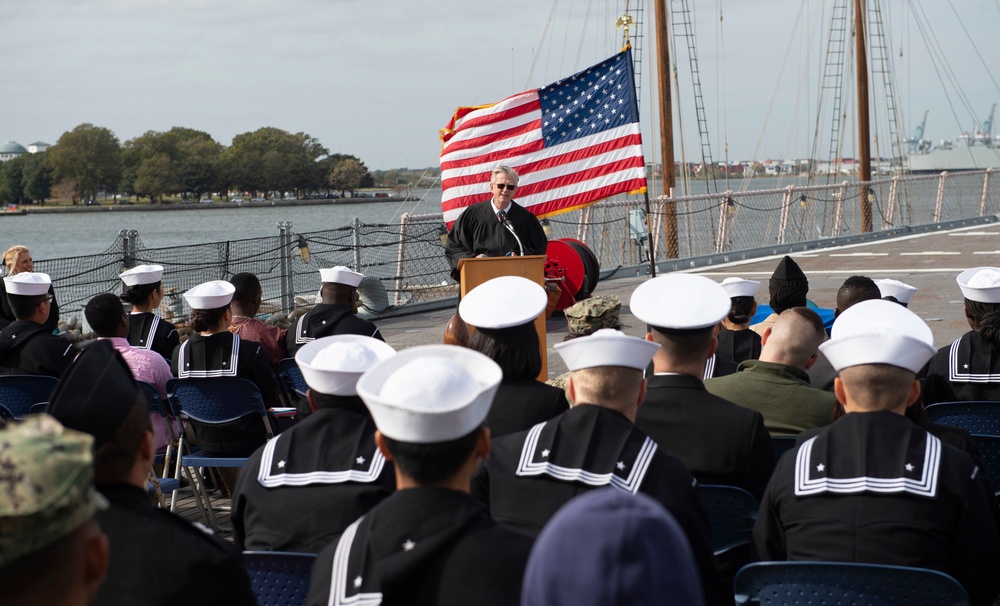 U.S. Sailors participate in naturalization ceremony aboard USS Wisconsin (BB-64)