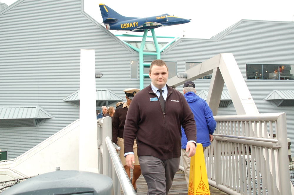 Crossing the gangway to the USS Wisconsin (BB 64) for a re-enlistment