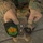 A soldier wearing digital camouflage (MARPAT-style) uniform and tan gloves is holding three military patches. The patches include a Bulgarian Armed Forces national patch ('Република България' with the Bulgarian coat of arms), a British Royal Logistic Corps (RLC) TRF (Tactical Recognition Flash) with two diamond insignia, and a '43' unit patch featuring a lion on a black diamond background. This appears to document a patch exchange, likely during a multinational military exercise or cooperation event.