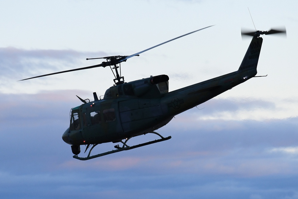 A helicopter assigned to the 40th Helicopter Squadron supports members of the 341st Security Forces Group as they practice in a launch facility recapture during Global Thunder 19, Oct. 30, 2018, at Malmstrom Air Force Base, Mont.