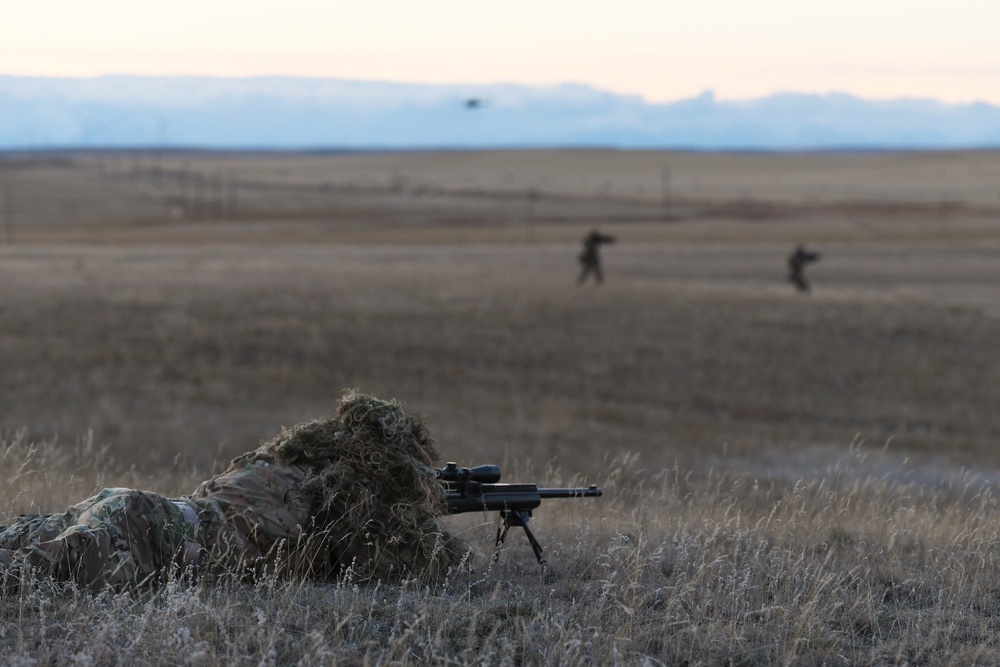 Nuclear advanced designated marksmen from the 341st Security Support Squadron Tactical Response Force support a launch facility recapture exercise during Global Thunder 19, Oct. 30, 2018, at Malmstrom Air Force Base, Mont.