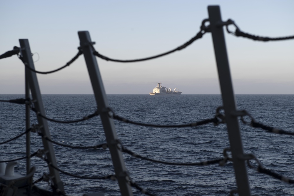 USS Spruance (DDG 111) approaches the Military Sealift Command (MSC) fleet replenishment oiler USNS Guadalupe (T-AO 200) in preparation for a replenishment-at-sea.