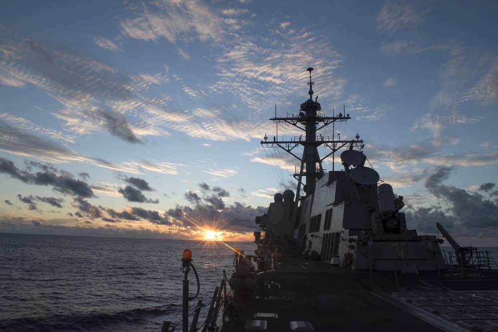 USS Spruance (DDG 111) transit the Pacific Ocean.