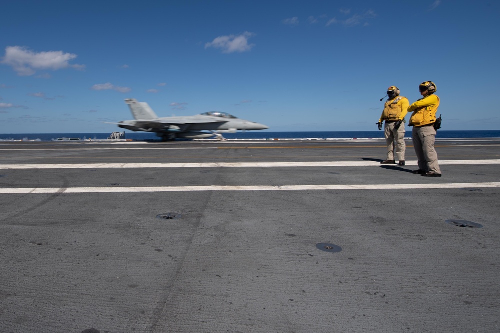 An F/A-18F Super Hornet, with Strike Fighter Squadron (VFA) 41, takes off from the flight deck aboard USS John C. Stennis (CVN 74).