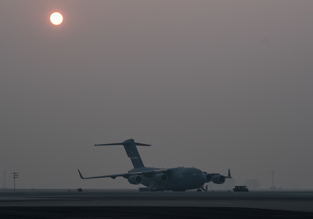 Smokey sunrise on the Travis flight line