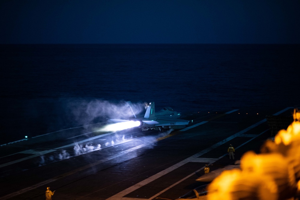 An F/A-18F Super Hornet, with Strike Fighter Squadron (VFA) 41, launches from the flight deck aboard USS John C. Stennis (CVN 74).