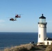 Coast Guard helicopters fly past North Head Lighthouse