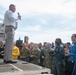 Cmdr. Pavao Huldisch, head of the Nimitz-class aircraft carrier USS John C. Stennis’ (CVN 74) Air department, addresses Sailors on the flight deck during Air department quarters.